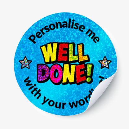 Round sticker with 'Well Done!' text on a blue background