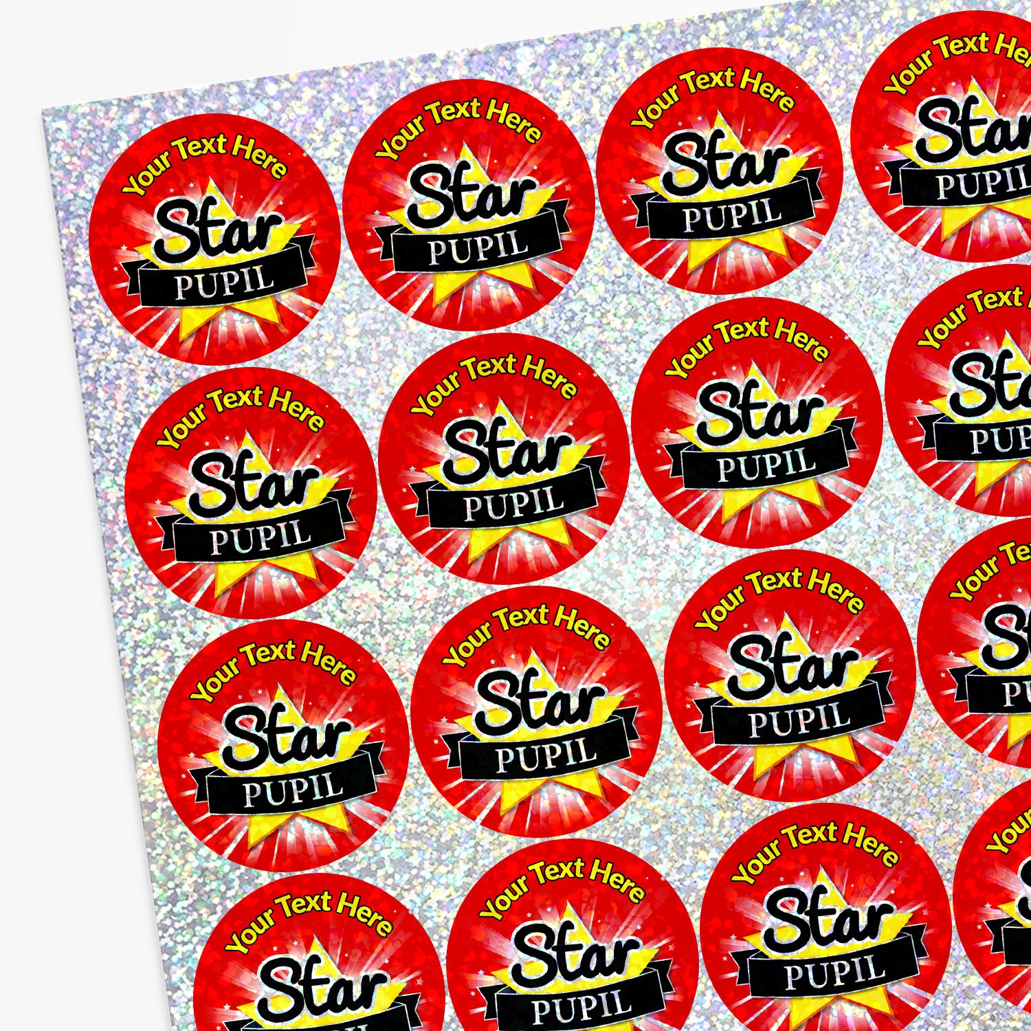 Sheet of 'Star Pupil' stickers with customizable text on a textured background