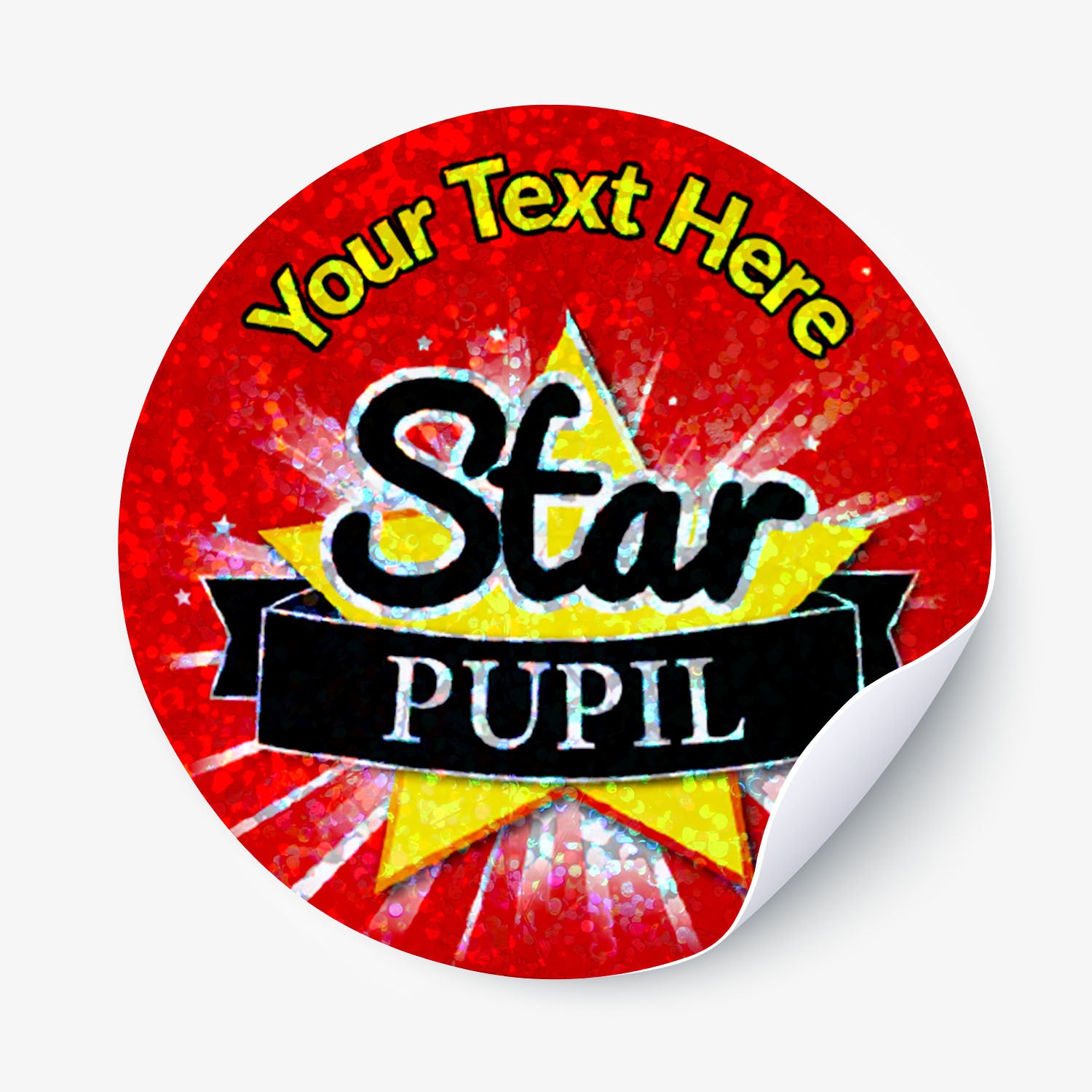 Circular sticker with 'Star Pupil' text on a red background