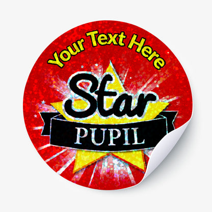 Circular sticker with 'Star Pupil' text on a red background