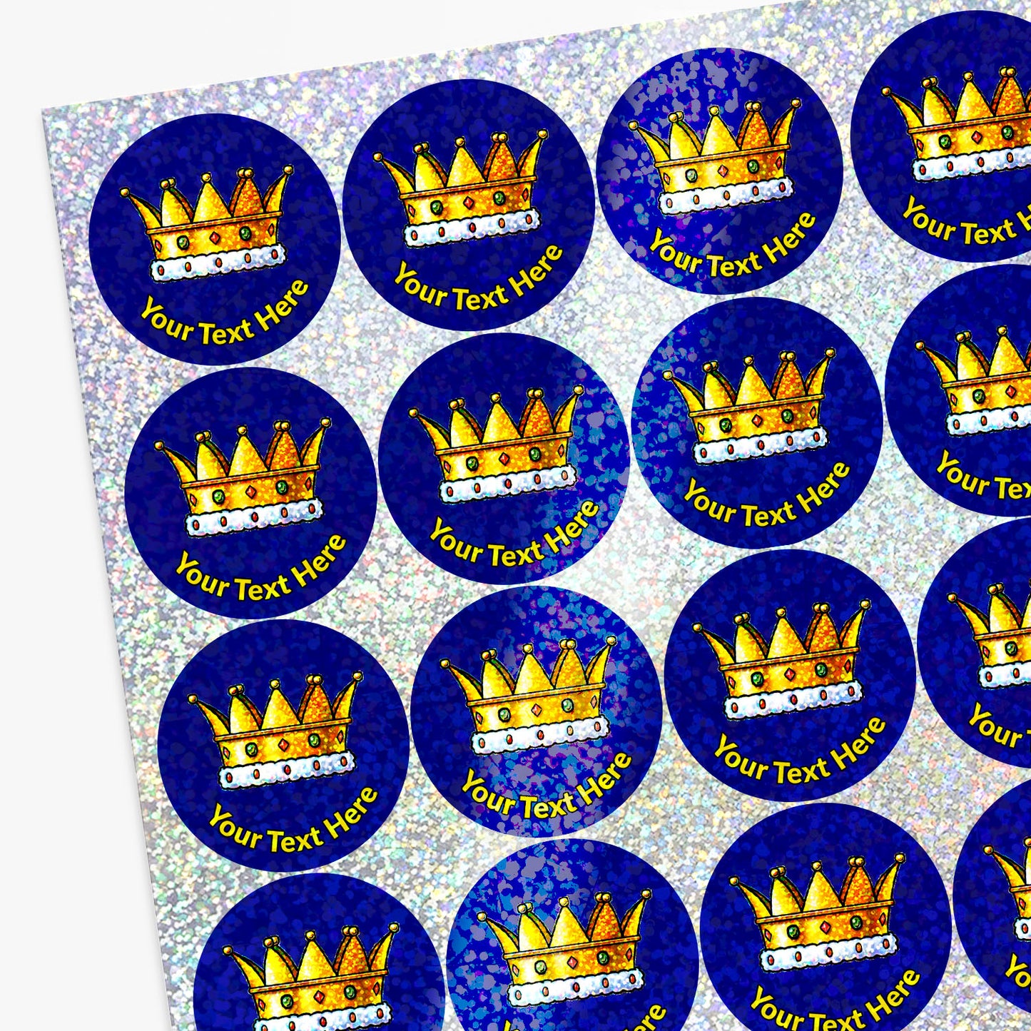 Sheet of round stickers with gold crowns and customisable text on a blue background.