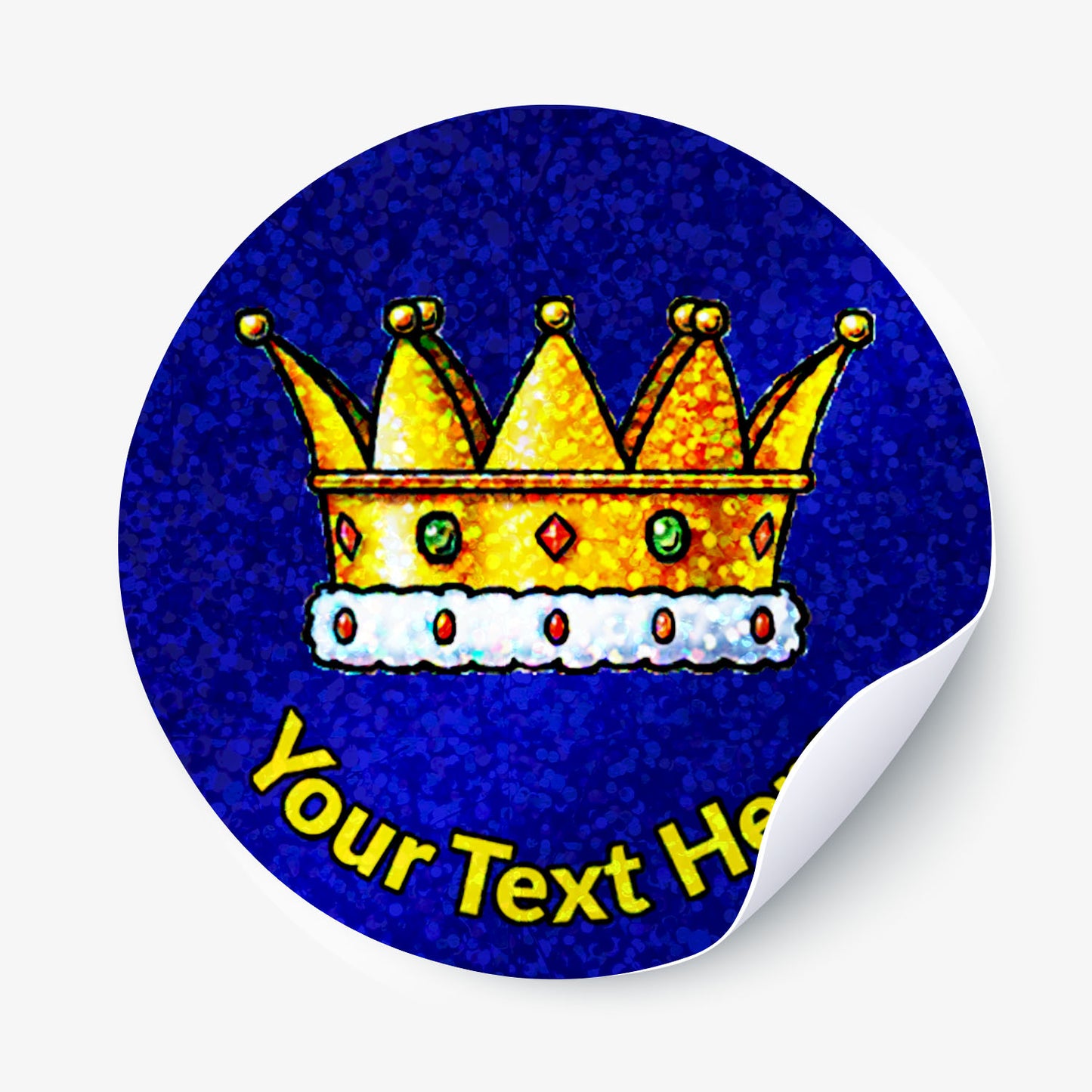 Round blue sticker with a gold crown and customizable text area on a white background