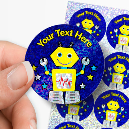 Sticker with robot design and customisable text, held by a hand.