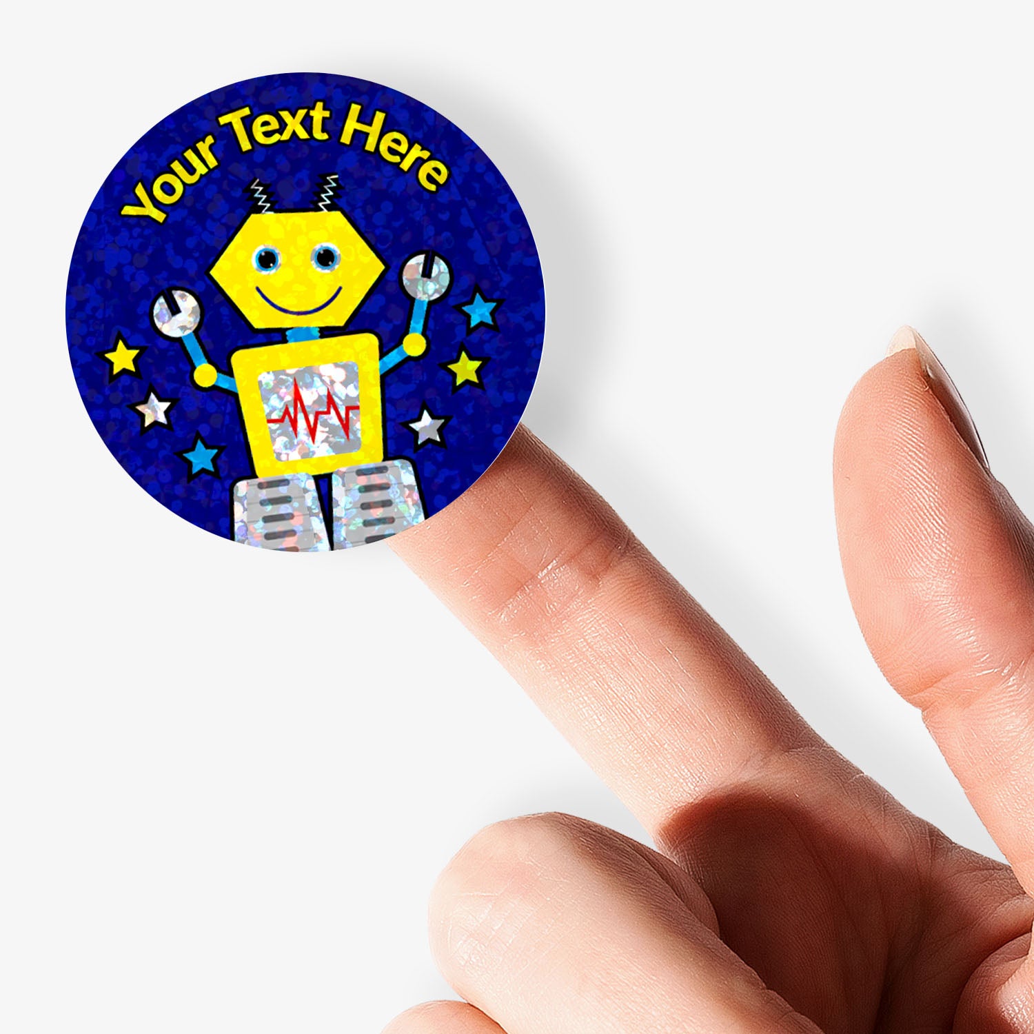 Personalised sticker with robot design and customisable text held by hand.