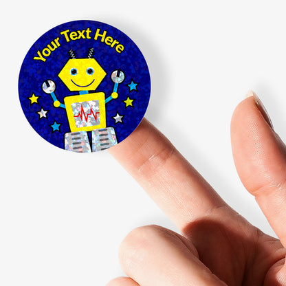 Personalised sticker with robot design and customisable text held by hand.