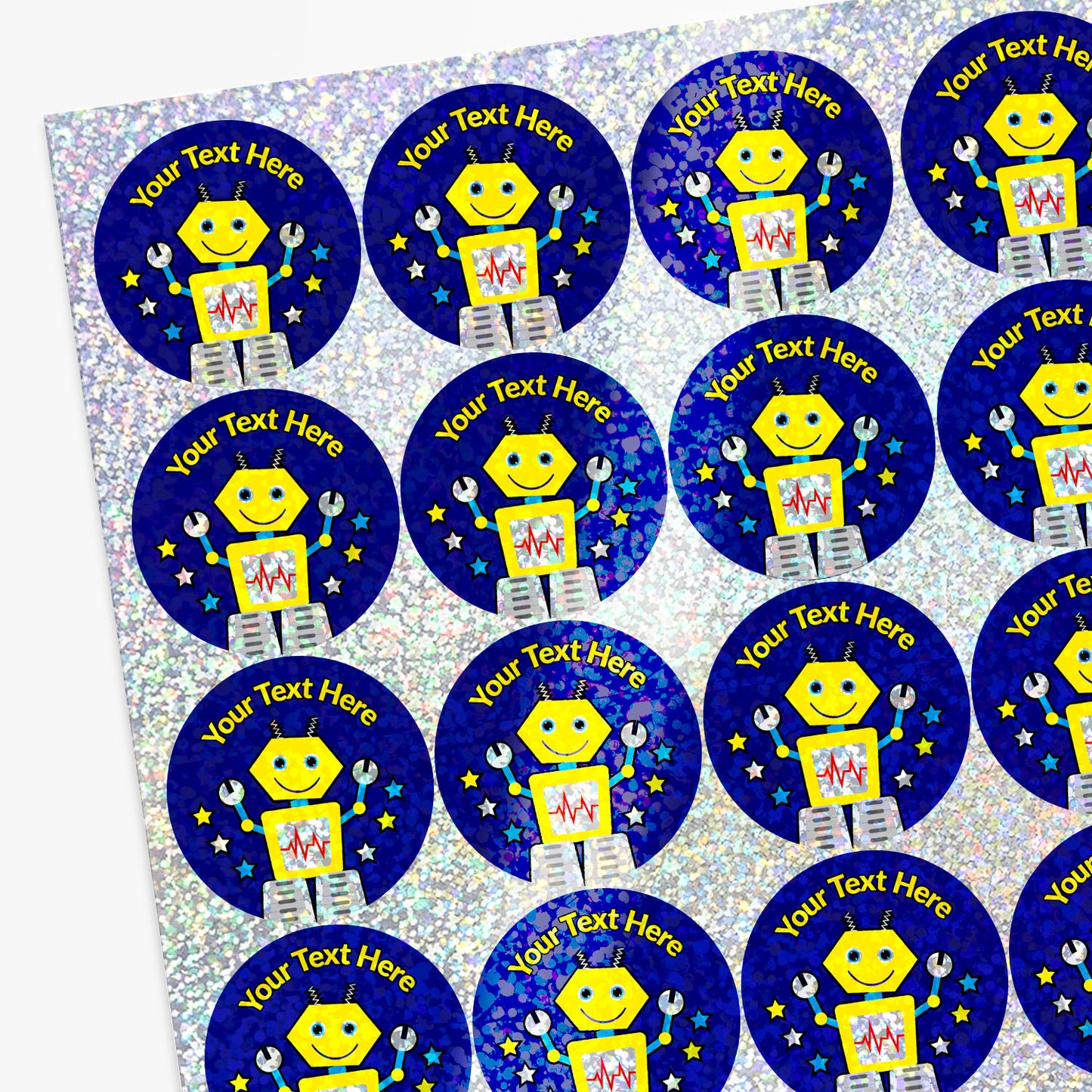 Sheet of personalised stickers with robot designs and customisable text.