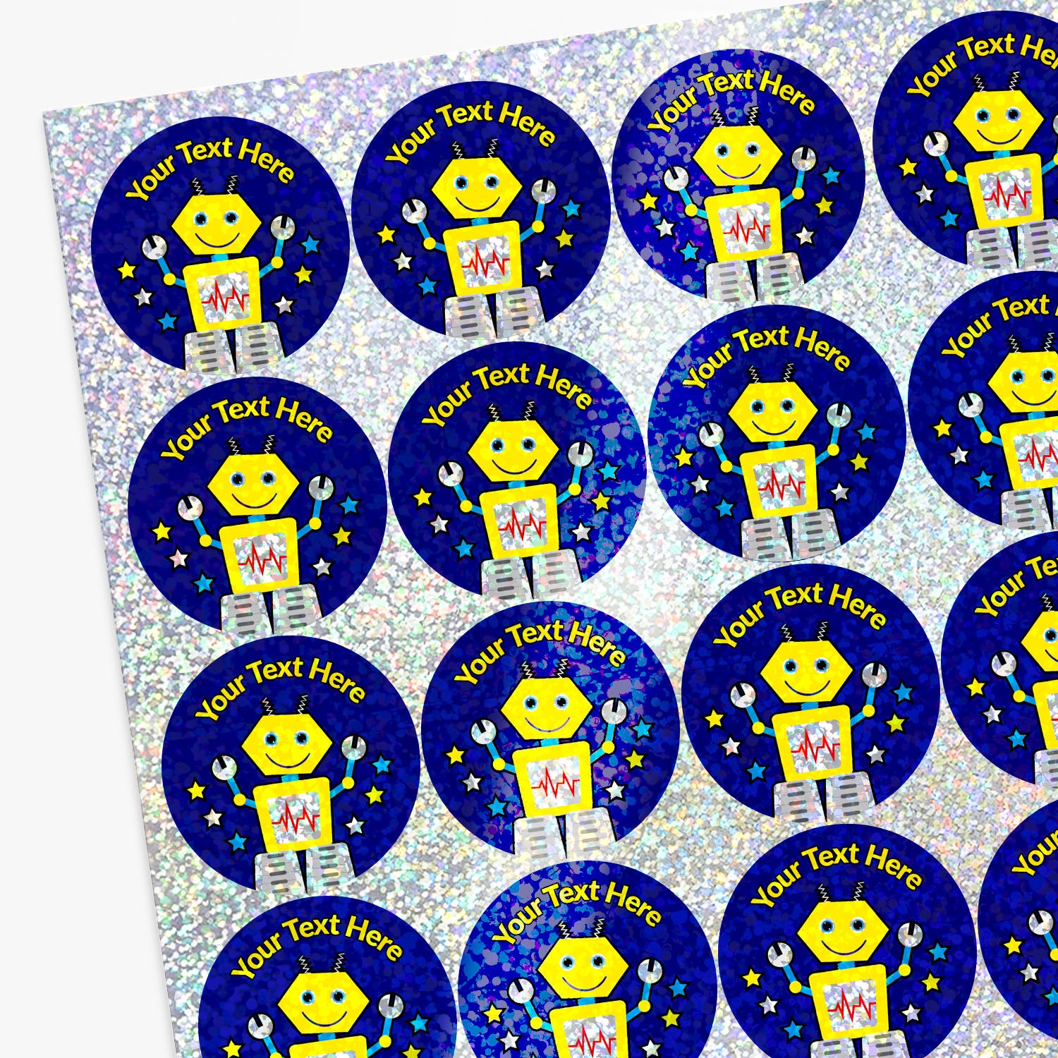 Sheet of personalised stickers with robot designs and customisable text.