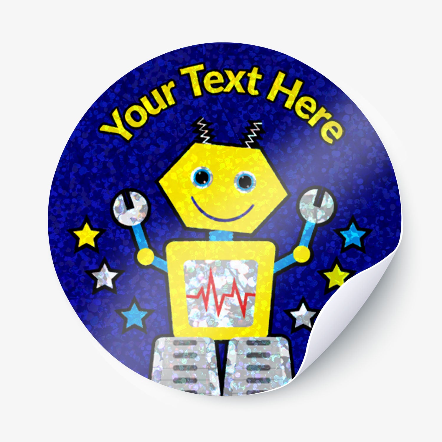 Sparkly round sticker with a robot design and customizable text on a blue background