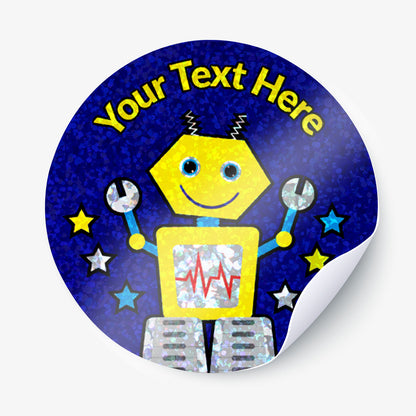 Sparkly round sticker with a robot design and customizable text on a blue background
