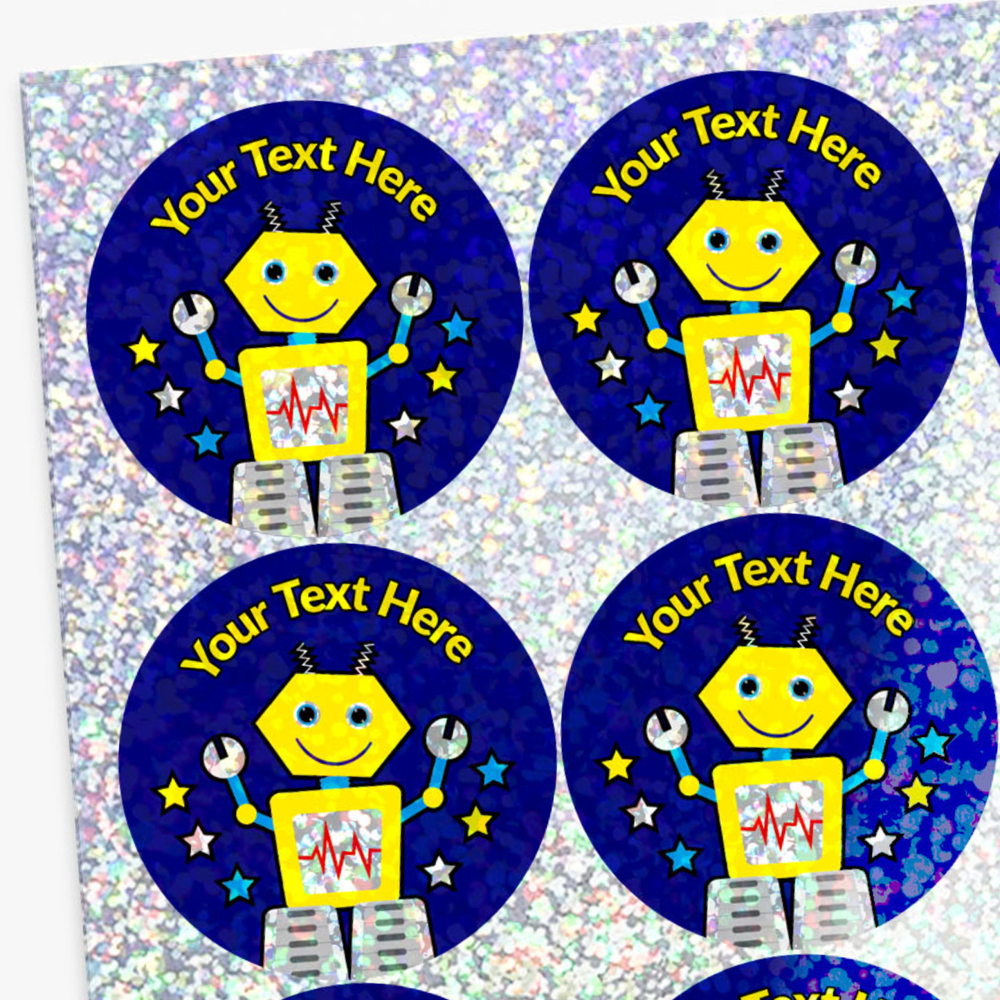 Stickers with a robot design and customizable text on a reflective background