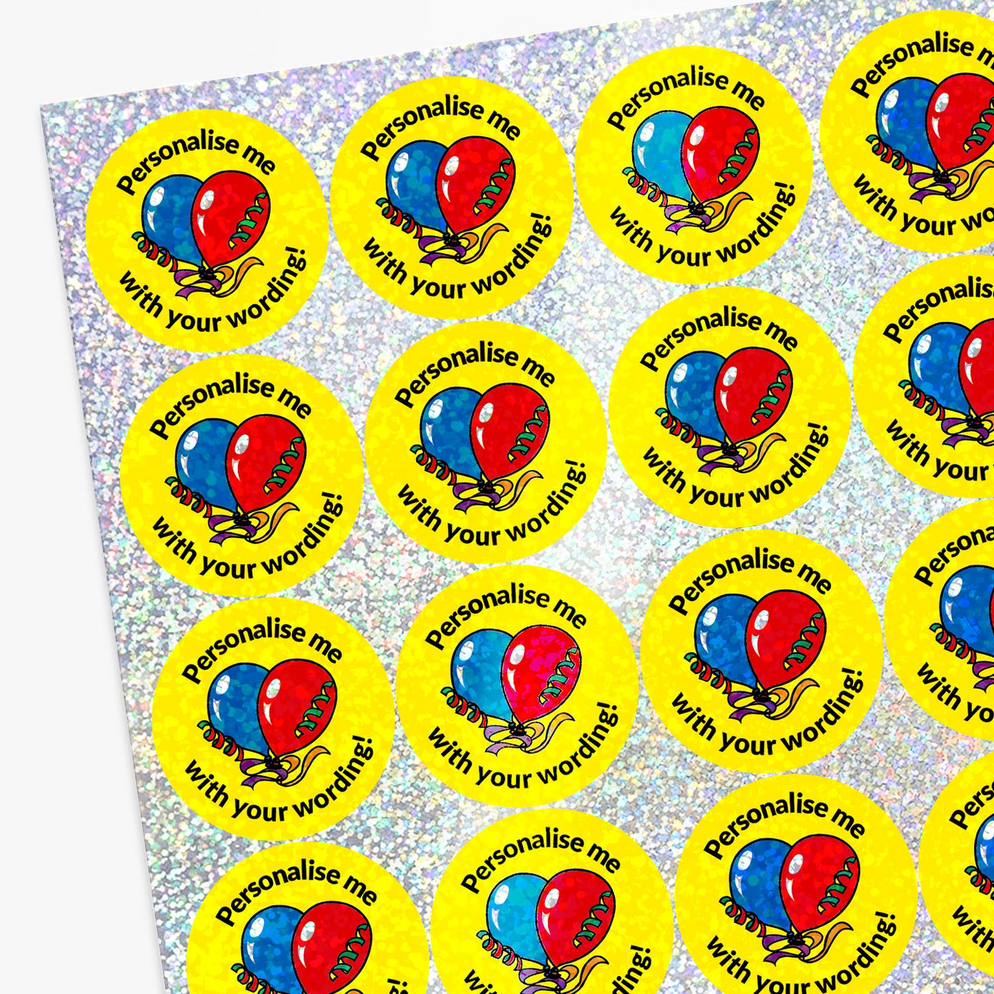 Sheet of personalised stickers with balloons and text on a textured background