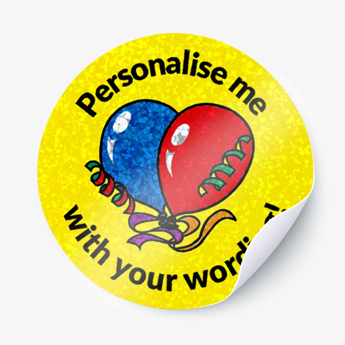 Round sticker with blue and red balloons on a yellow background, prompting personalization.