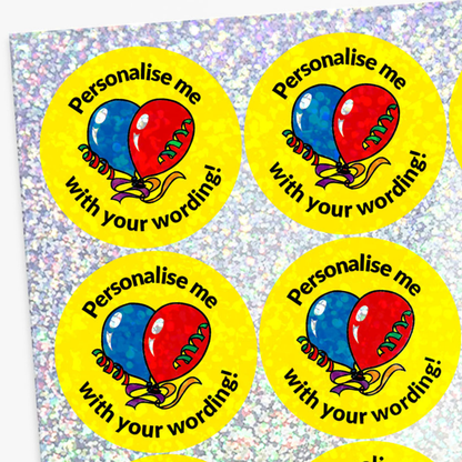 Four round stickers with Balloons and text on a glittery background