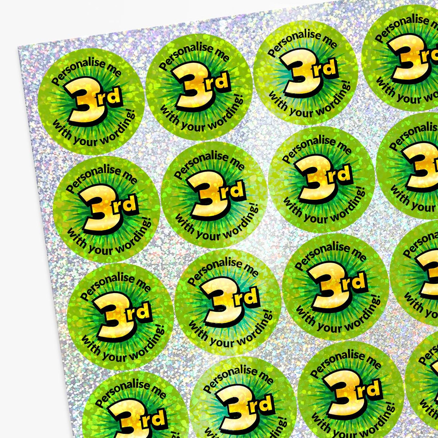 Sheet of green and yellow stickers with 'Personalise me 3rd' text on a white background.