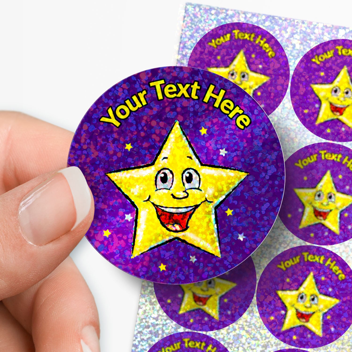 Holographic purple sticker with  gold smiling star with 'Your Text Here' above the star