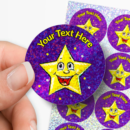 Holographic purple sticker with  gold smiling star with 'Your Text Here' above the star
