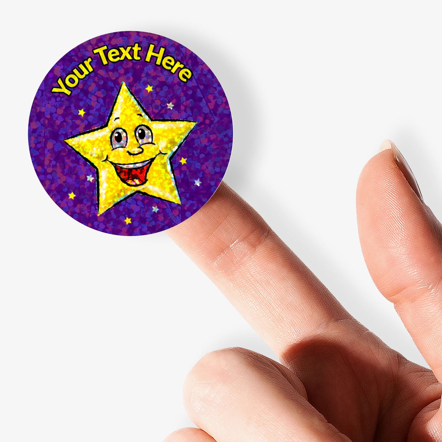 Holographic purple sticker with  gold smiling star with 'Your Text Here' above the star, held on a finger