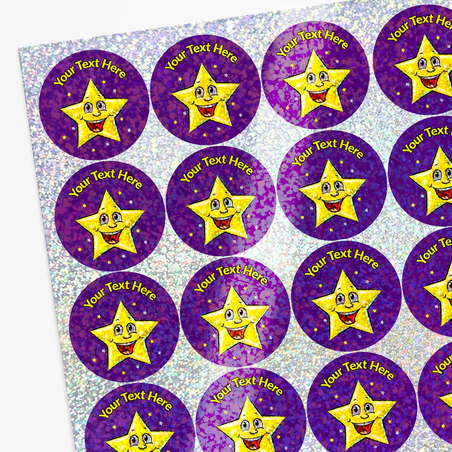 Sheet of Holographic purple sticker with  gold smiling star with 'Your Text Here' above the star