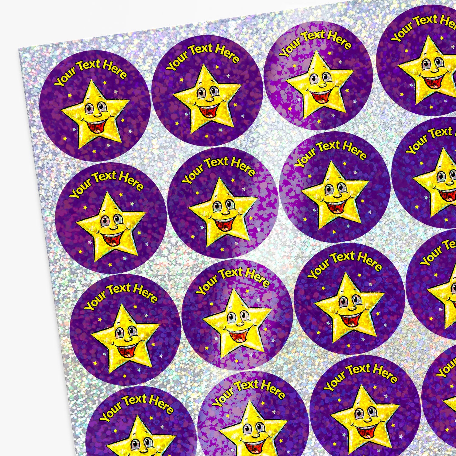 Sheet of Holographic purple sticker with  gold smiling star with 'Your Text Here' above the star
