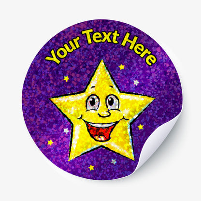 Holographic purple sticker with  gold smiling star with 'Your Text Here' above the star