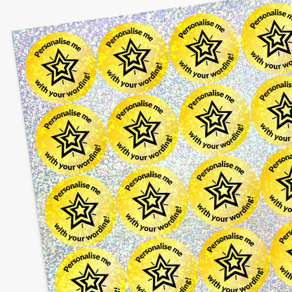 Sheet of gold stickers with star design and text 'Personalise me with your wording!' on a textured background.