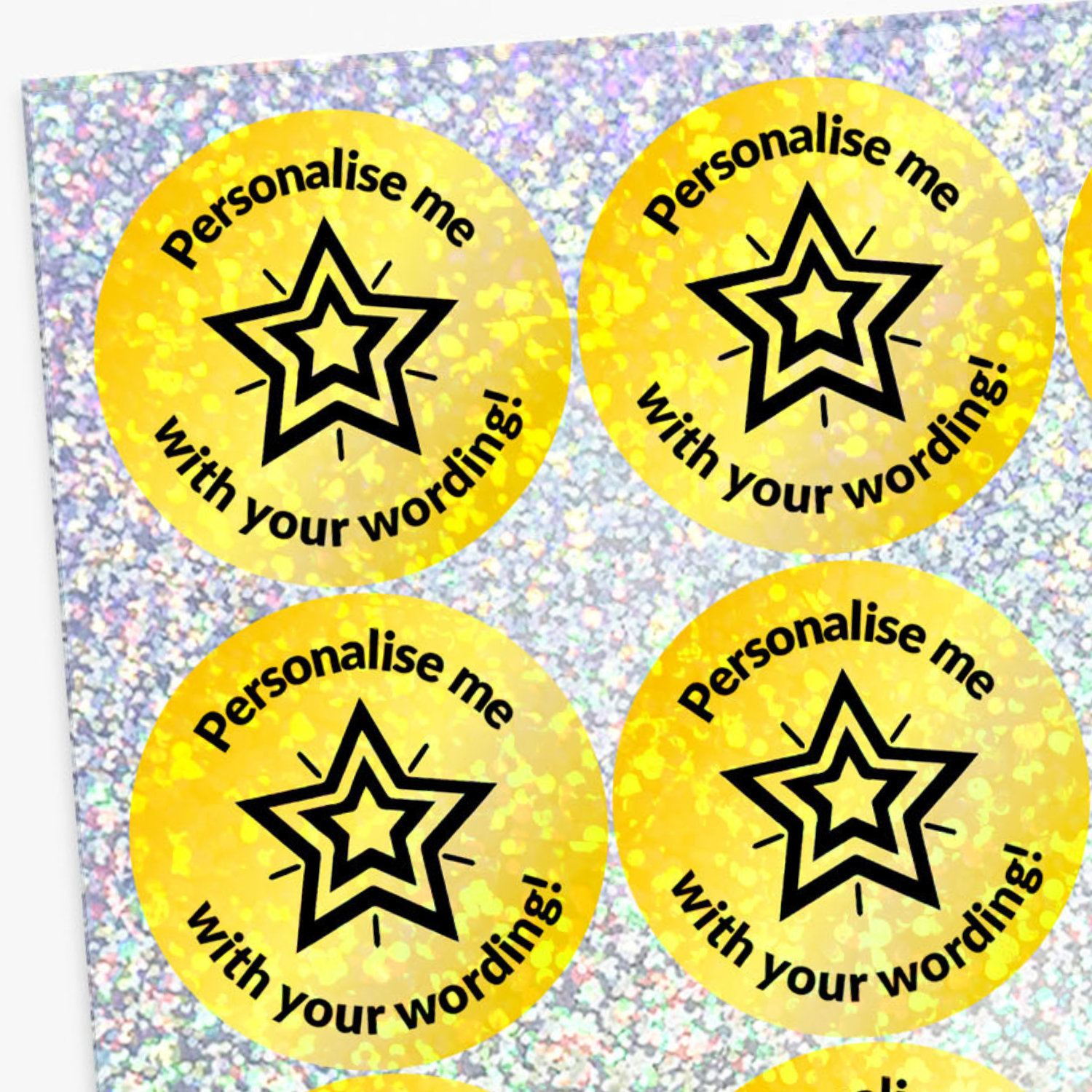 4 Gold stickers with a star in the middle on a sparkly background