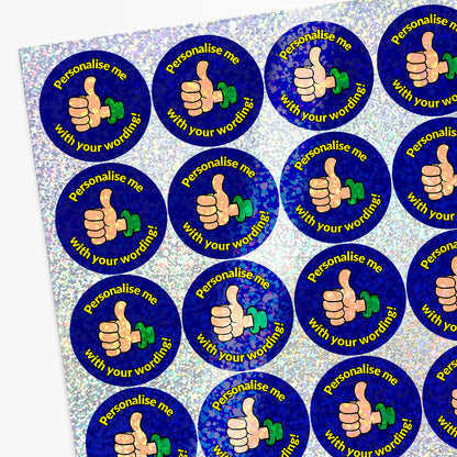 Stickers with thumbs up icons and text on a blue background