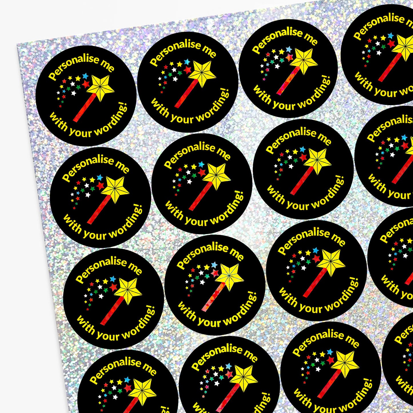 Circular stickers with wands and stars, personalised text, on a glittery background.