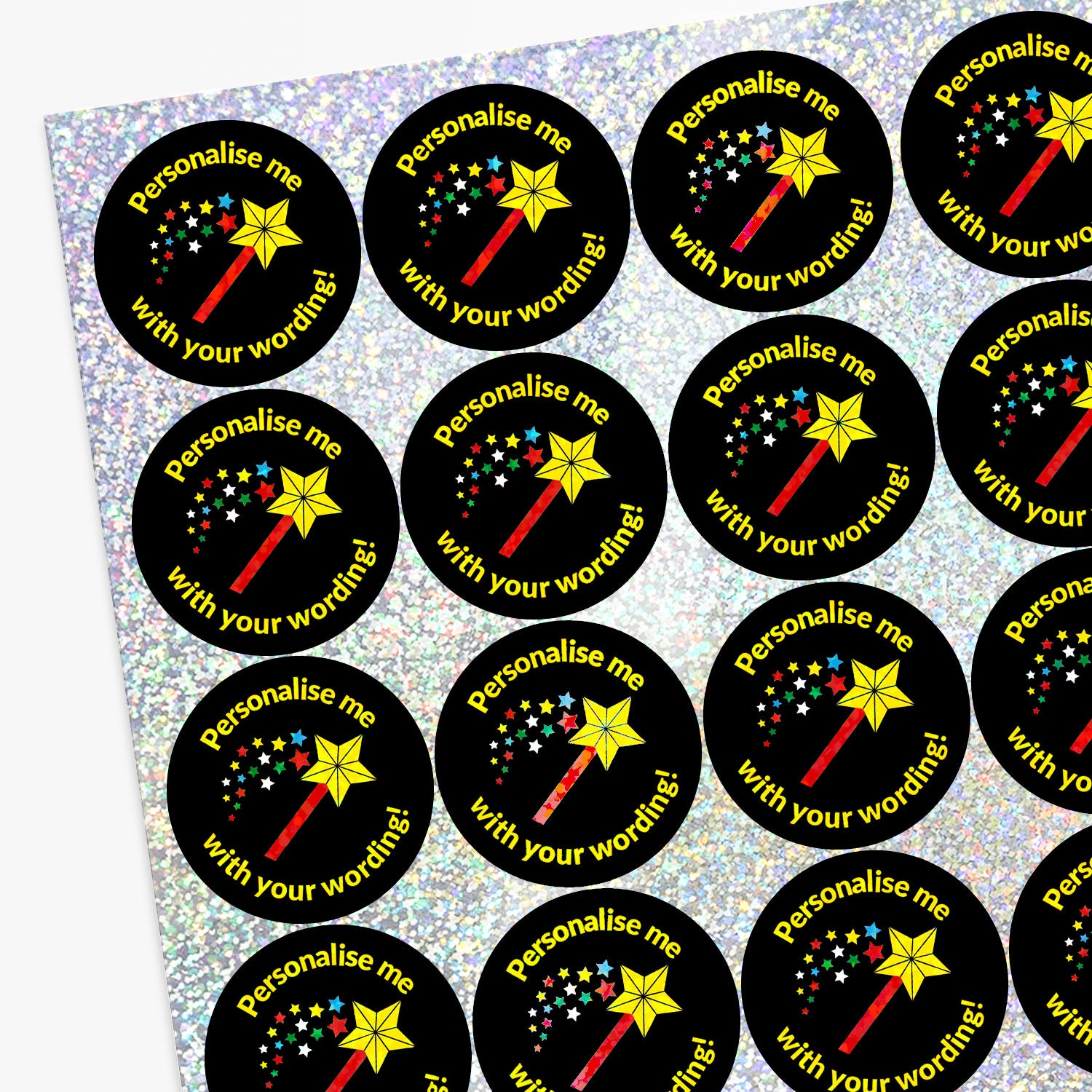 Circular stickers with wands and stars, personalised text, on a glittery background.