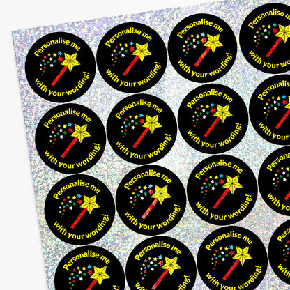 Circular stickers with wands and stars, personalised text, on a glittery background.