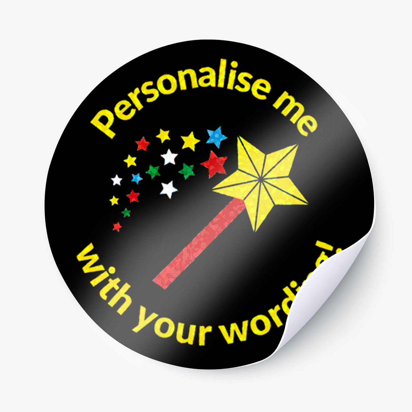 Round sticker with a wand and stars design, prompting personalisation.
