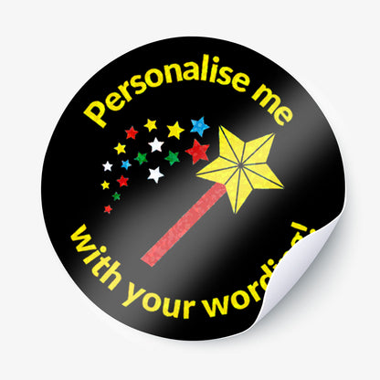 Round sticker with a wand and stars design, prompting personalisation.