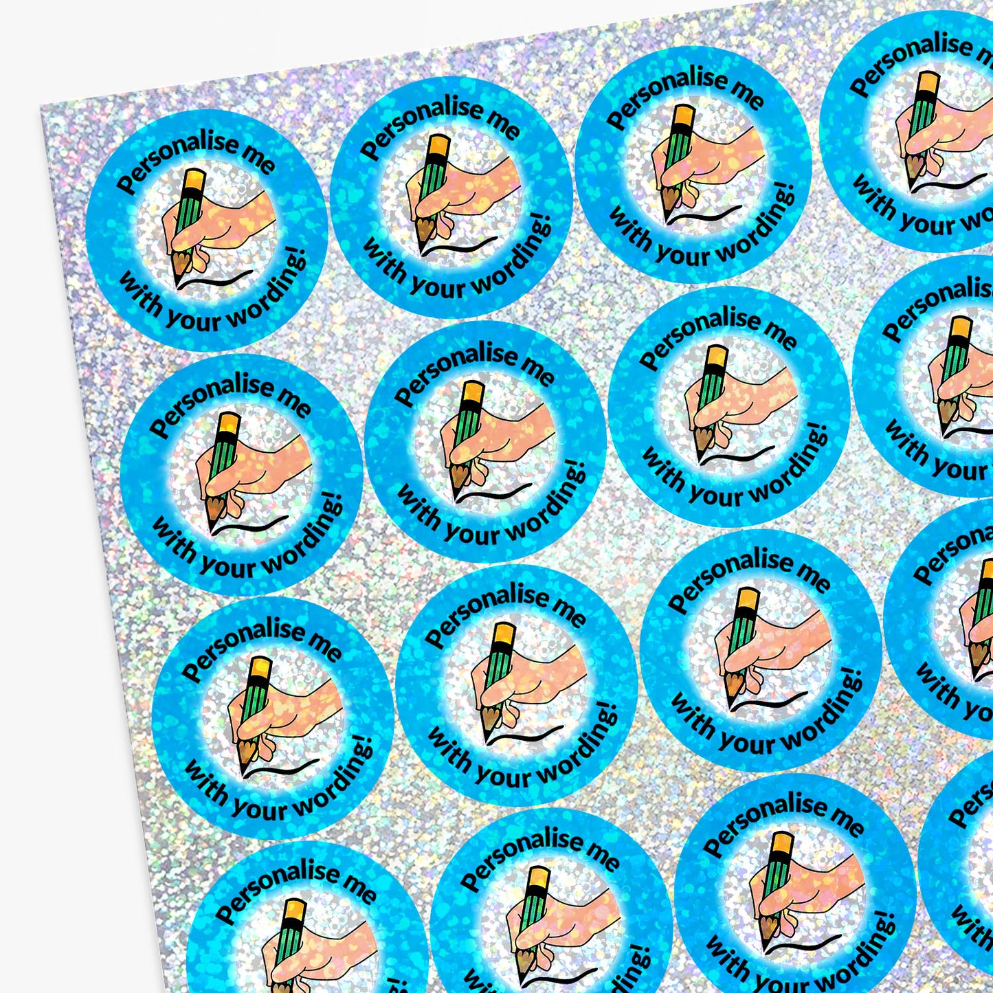 Circular stickers with a writing hand icon, personalised text, on a sparkly background.