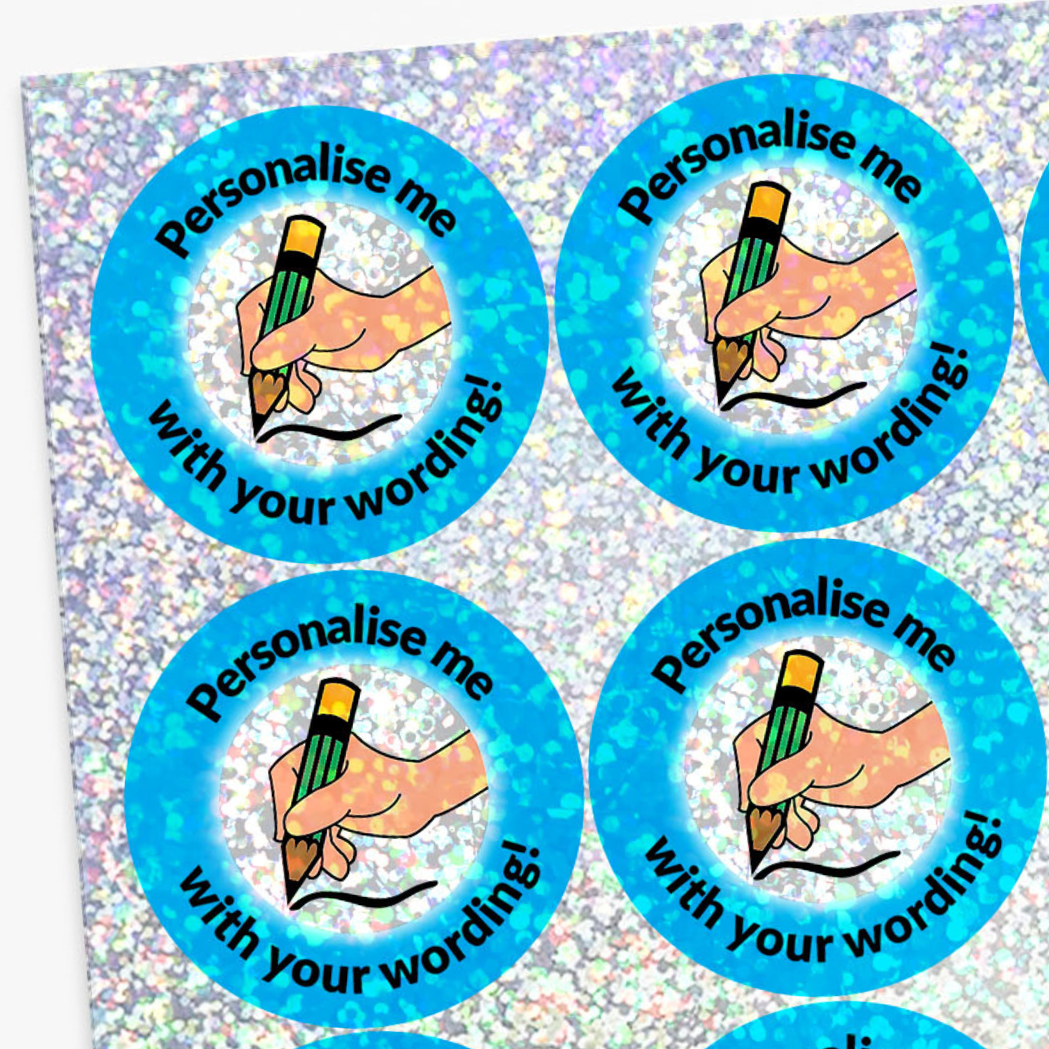 Stickers with a hand holding a pen and text 'Personalise me with your wording!' on a blue and white glittery background.