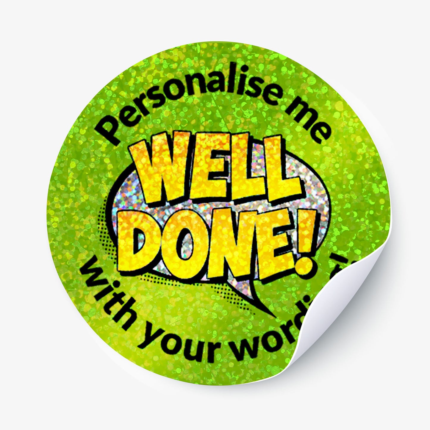Round green sticker with 'Well Done!' text on a white background
