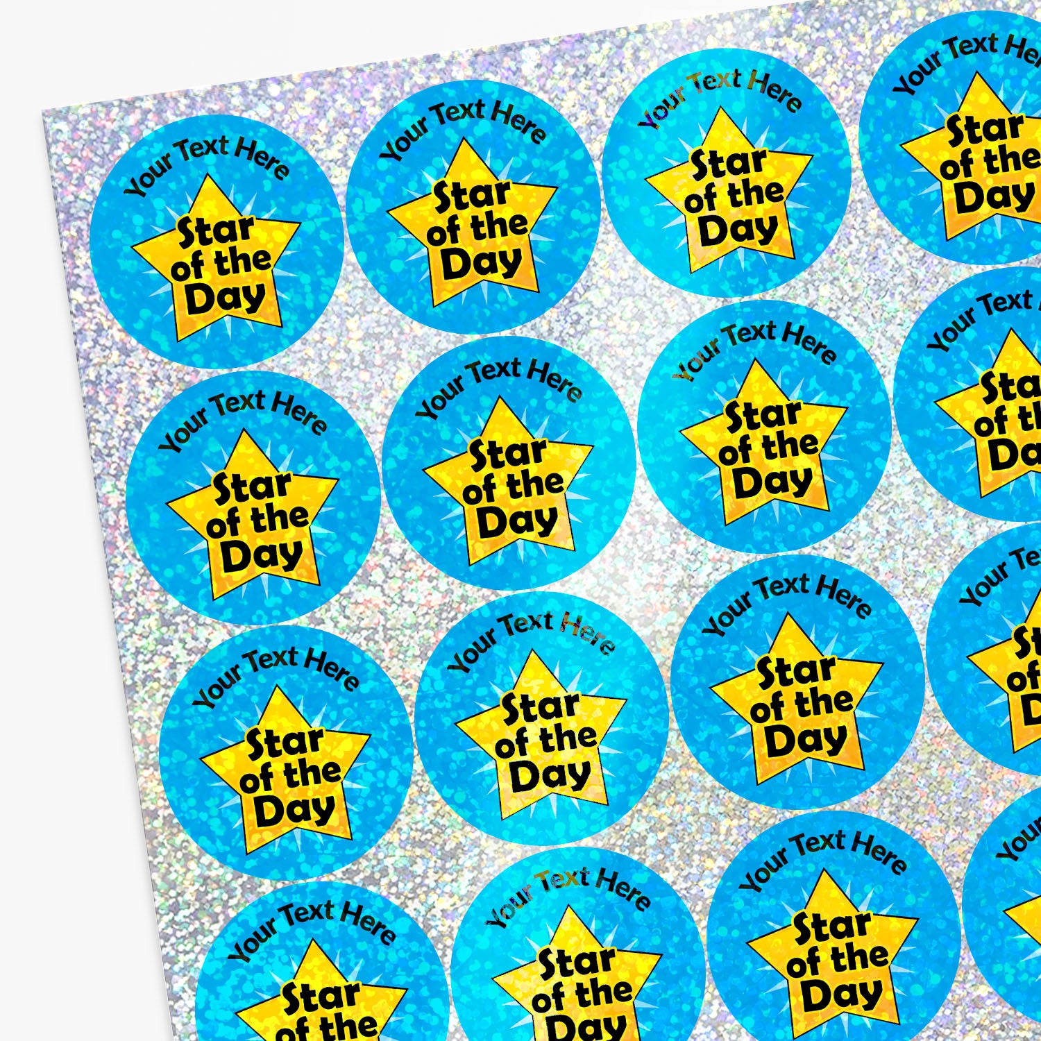 Sheet of Personalised holographic stickers with 'Star of the Day' design on a blue background.