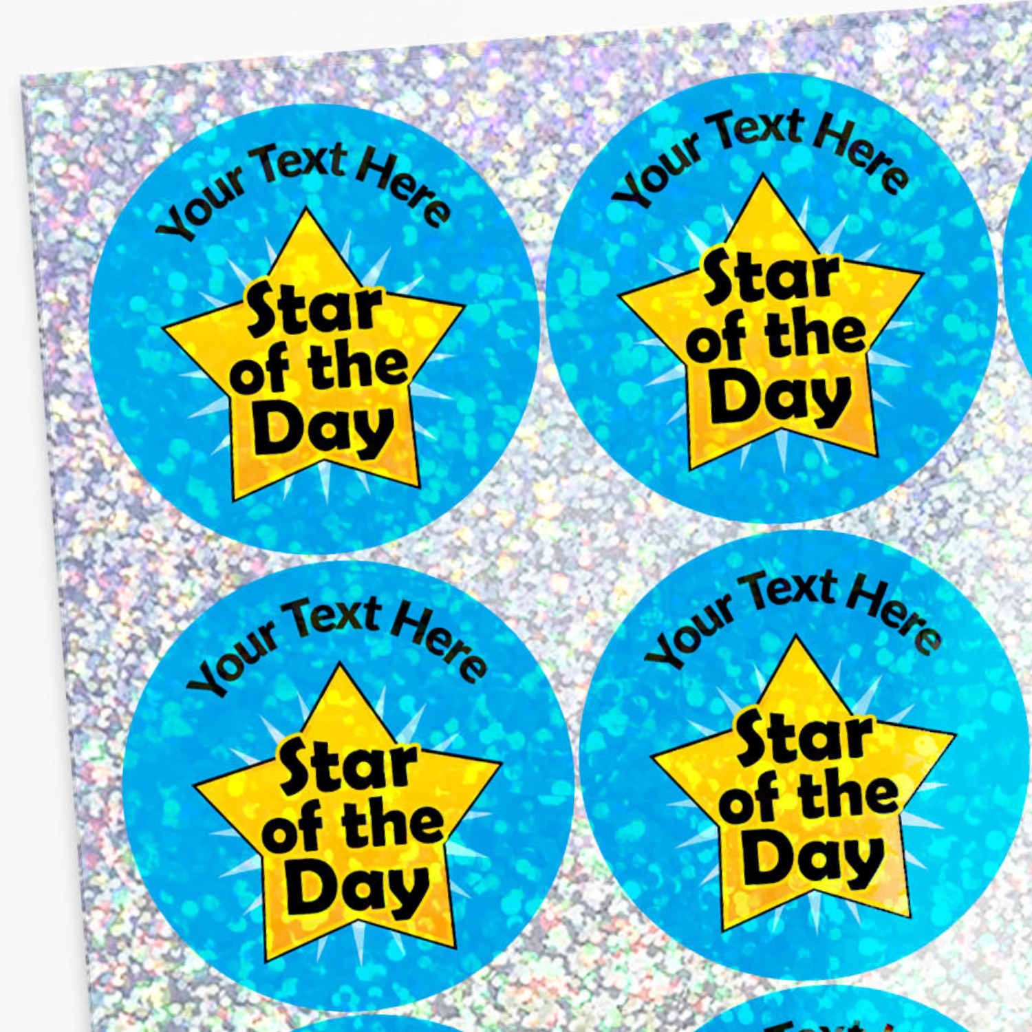 Blue stickers with 'Star of the Day!' text on a sparkly background