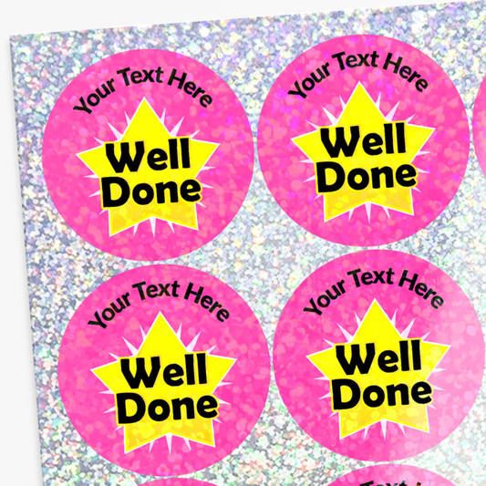 Pink stickers with 'Well Done!' text on a sparkly background