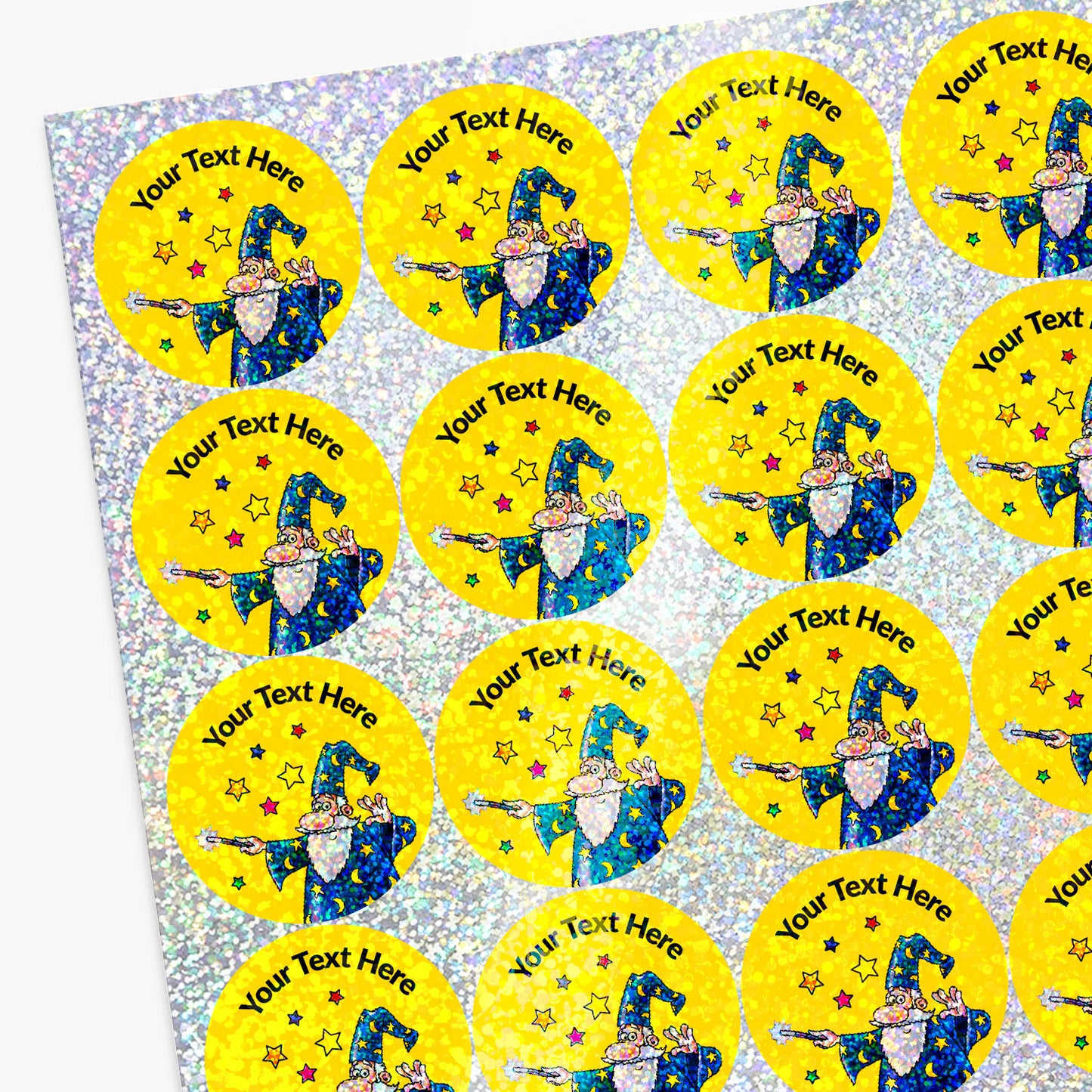 Personalised holographic sheet of stickers with cartoon wizard illustrations on a yellow background.
