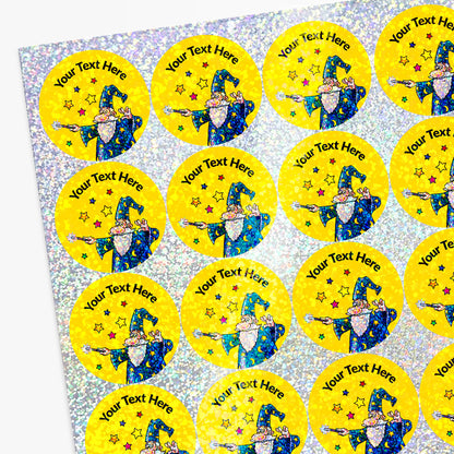 Personalised holographic sheet of stickers with cartoon wizard illustrations on a yellow background.