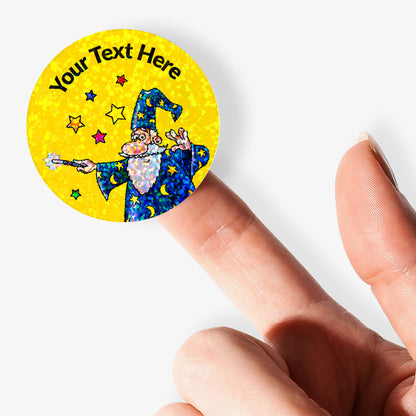 Round sticker with a wizard design and customizable text on a yellow background held by hand