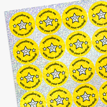 Personalised holographic sheet of yellow stickers with star design and text 'Personalise me with your wording!'.