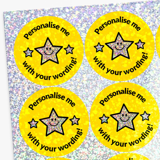 Yellow stickers with star designs and text on a glittery background