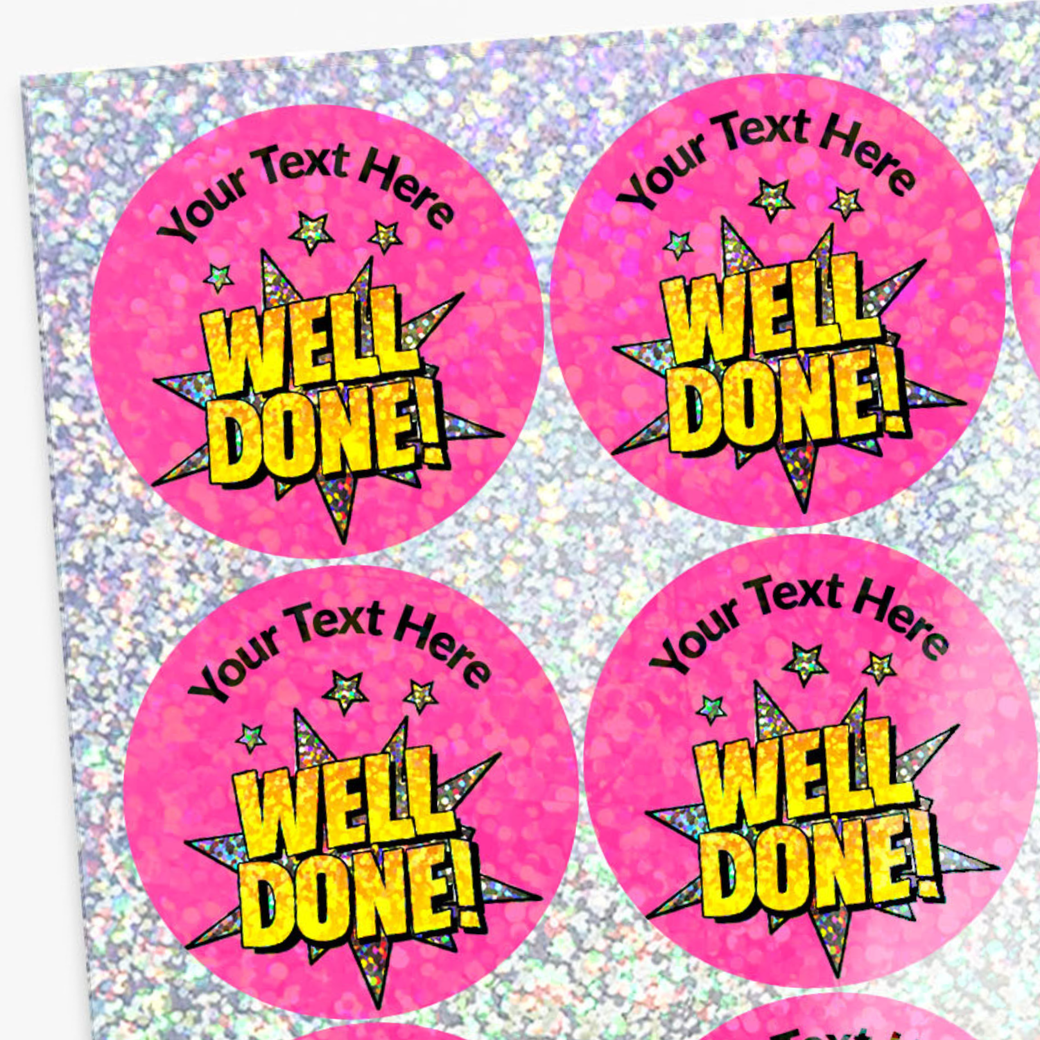 Pink 'Well Done!' stickers with customizable text on a glittery background