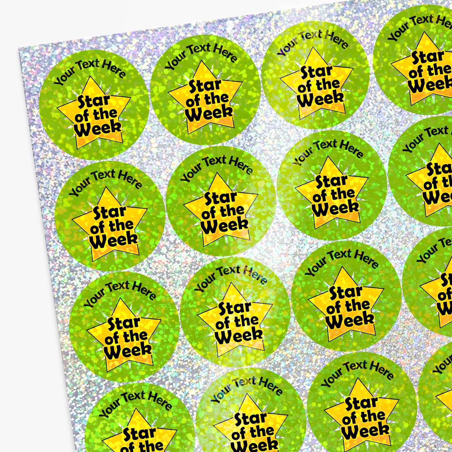 Personalised holographic sheet of 'Star of the Week' personalised holographic stickers with customisable text area.