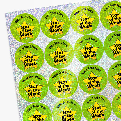 Personalised holographic sheet of 'Star of the Week' personalised holographic stickers with customisable text area.