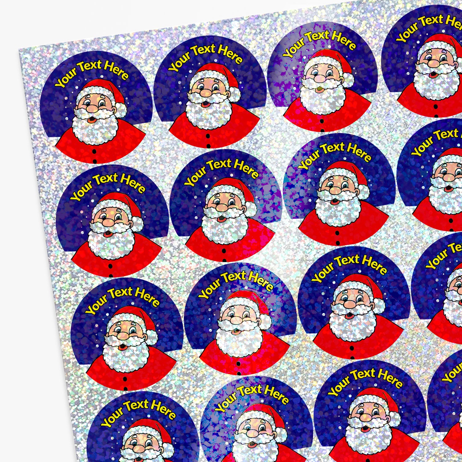 Sheet of Round sticker with Santa Claus design with text 'Your Text Here' above.