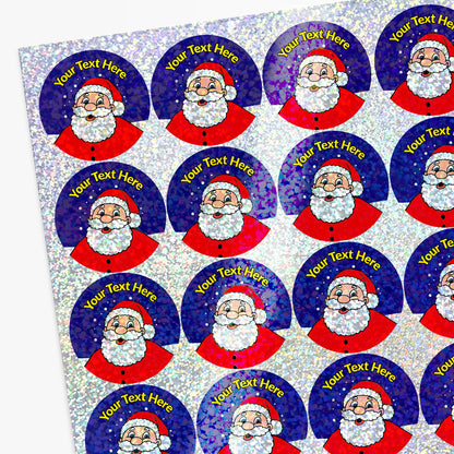 Sheet of Round sticker with Santa Claus design with text 'Your Text Here' above.