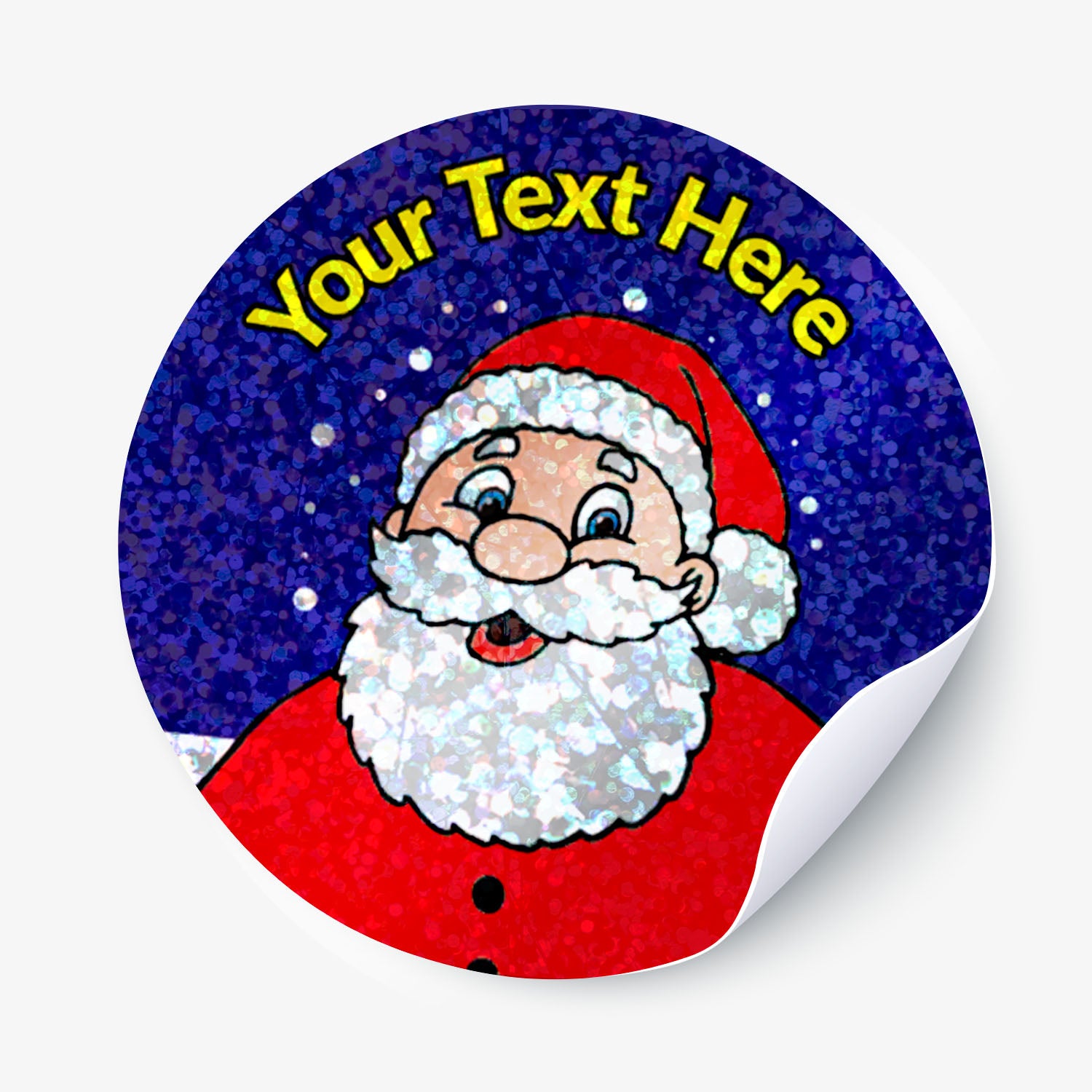 Round sticker with Santa Claus design and text 'Your Text Here' on a blue background