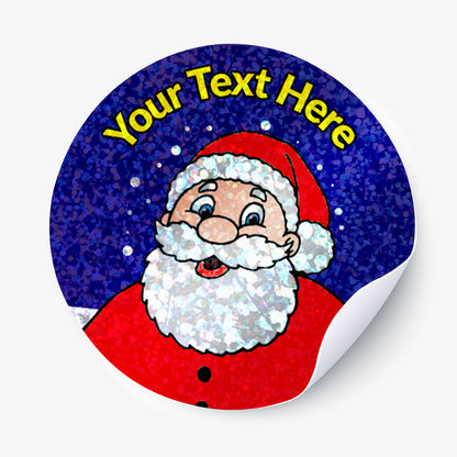 Round sticker with Santa Claus design and text 'Your Text Here' on a blue background